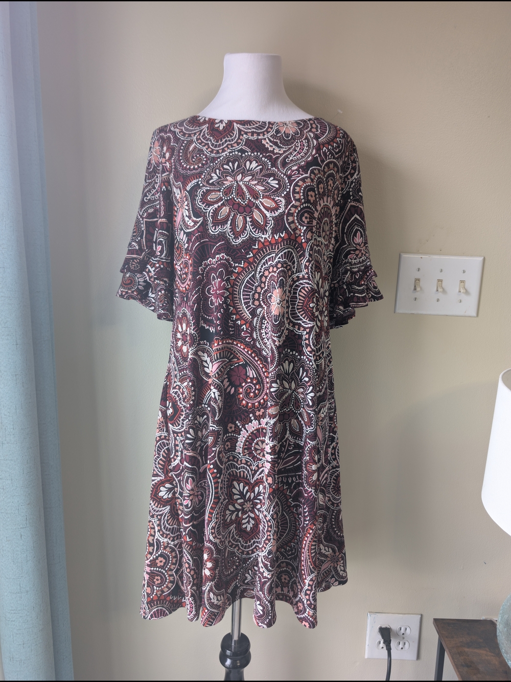 Embossed Paisley Midi Dress Ruffle Sleeves